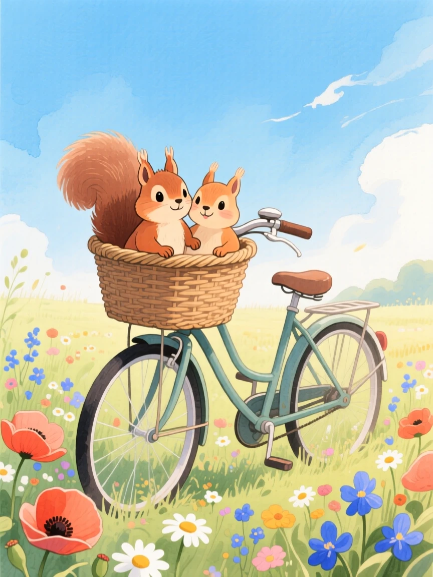 A pair of squirrels riding in a wicker bicycle basket, set in a meadow bursting with wildflowers under a blue sky, evoking warmth and gentle affection.