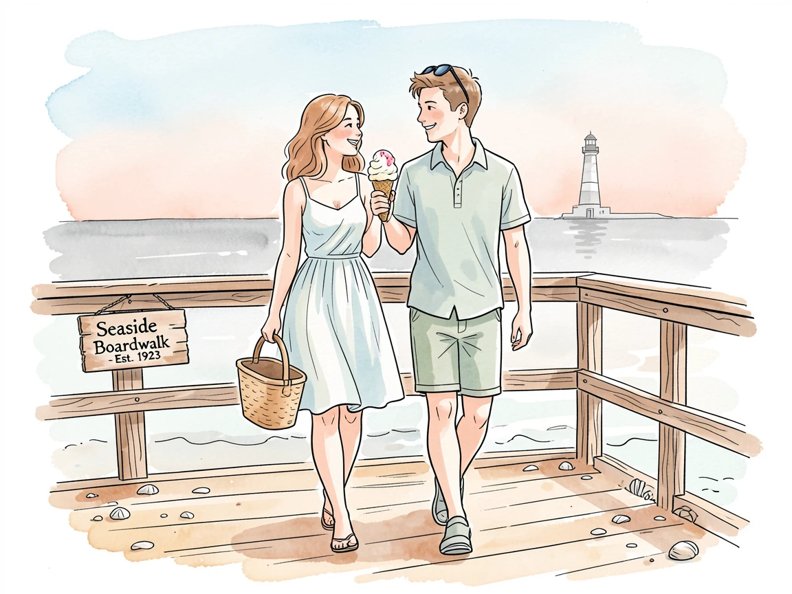 A couple sharing an ice cream cone while strolling along a boardwalk, small details hinting at the story behind the moment.