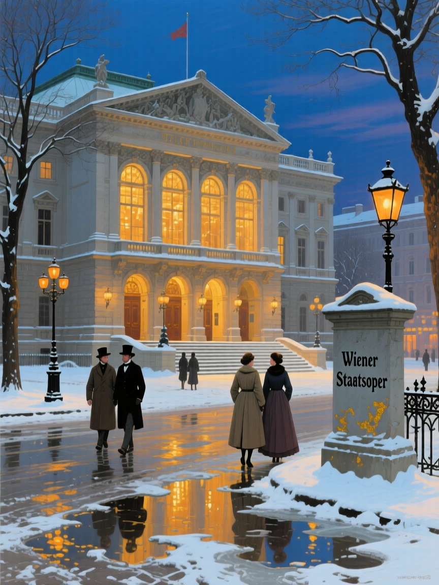 A grand Viennese opera house glowing with warm light on a winter evening, as reflections shimmer across nearby water or wet pavement, evoking a strong sense of place, history, and atmosphere