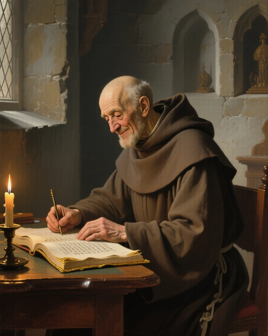 A monk illuminating a manuscript in a quiet scriptorium caught between one breath and the next, set in a candlelit chapel side room, with a faint, knowing smile just touching the corner of the mouth; the pose is turned gently off-center for a natural, candid feel, suggesting a private world just glimpsed by the viewer.