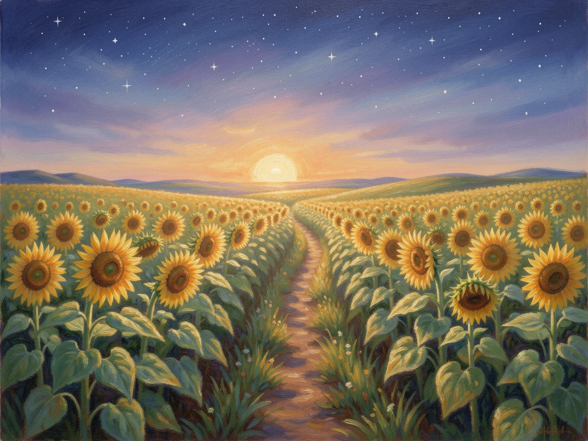 A sunflower field stretching to the horizon, heads turned toward a setting sun, a narrow dirt path cutting through the middle, under a canopy of stars.