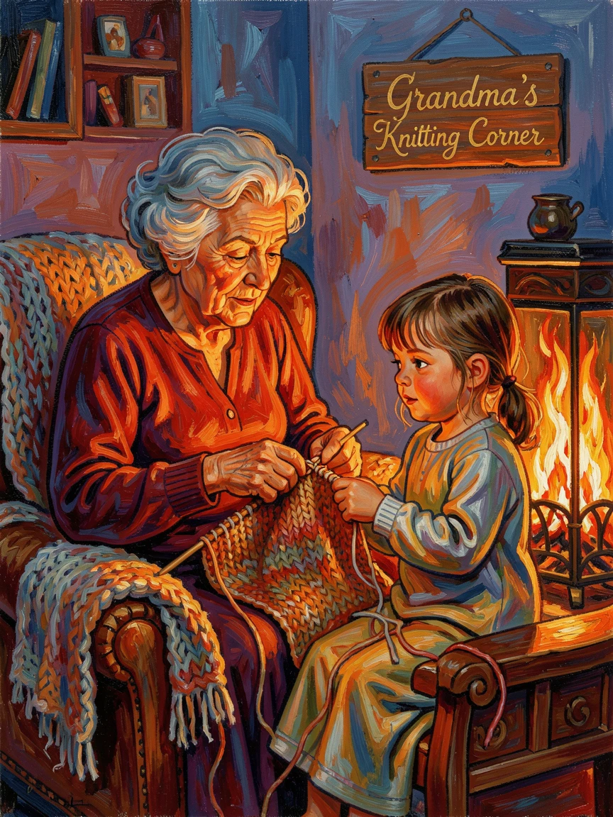 A grandmother teaching her granddaughter to knit by the light of a warm fireplace.
