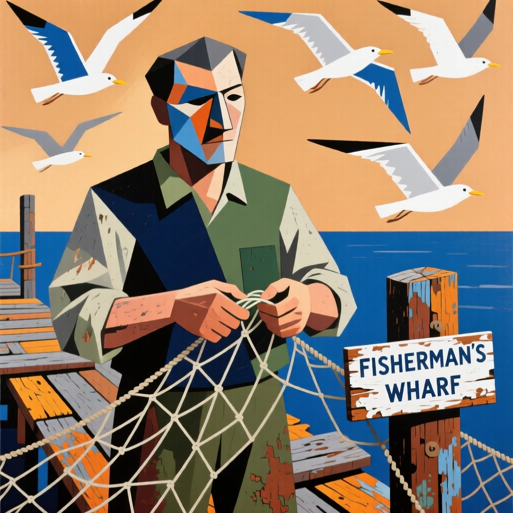 A fisherman mending nets on a weathered dock as gulls circle overhead.