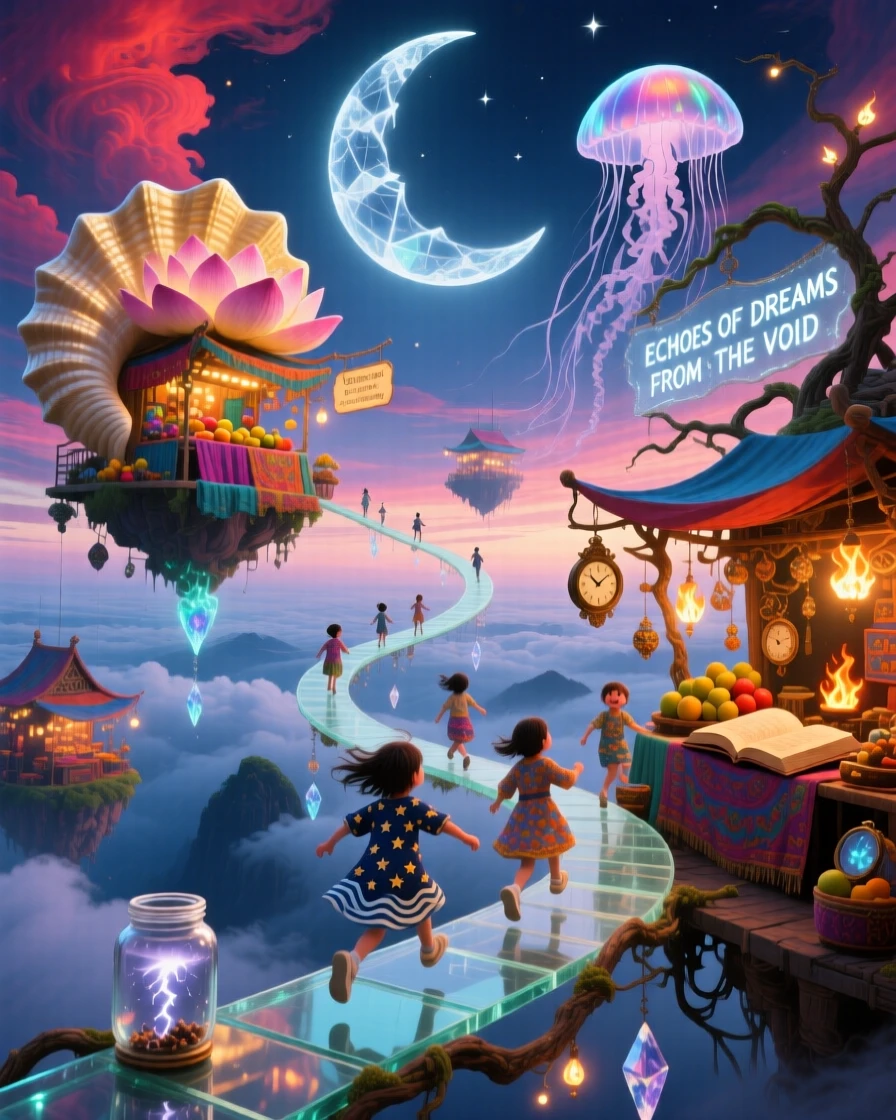 A floating market where stalls drift gently past one another floats free of any visible ground below, while children run along paths that curve into the sky.