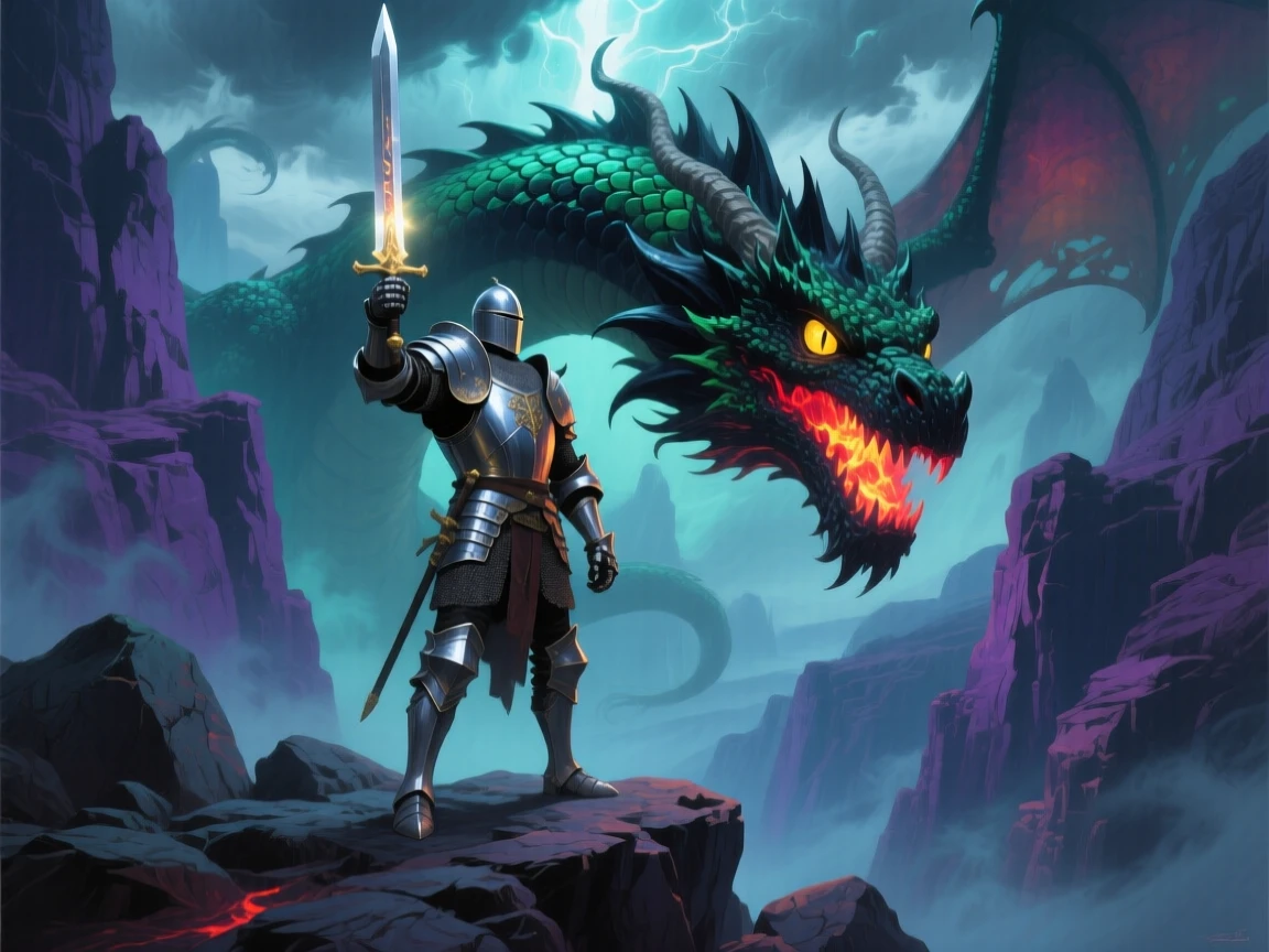A knight in gleaming armor stands before a massive dragon in a rocky canyon, sword raised as the beast's eyes glow with ancient fire, an otherworldly light source casting soft, unnatural color across the surrounding environment.