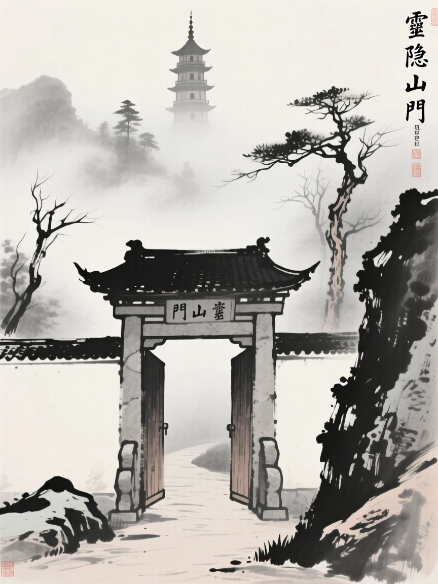 A stone temple gate stands at the entrance to a mist-covered mountain path, with a bell tower rising above the surrounding trees.
