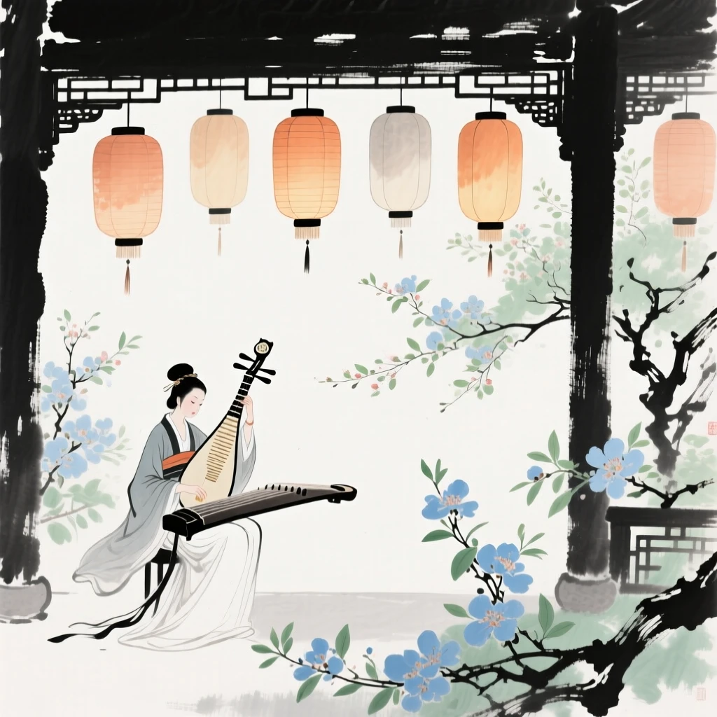 A court musician performing beneath painted lanterns in a palace garden, as spring blossoms unfold.
