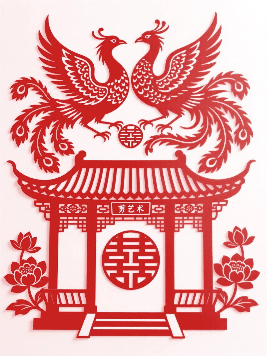 Two phoenixes intertwined above a wedding pavilion, symbolizing the union of husband and wife