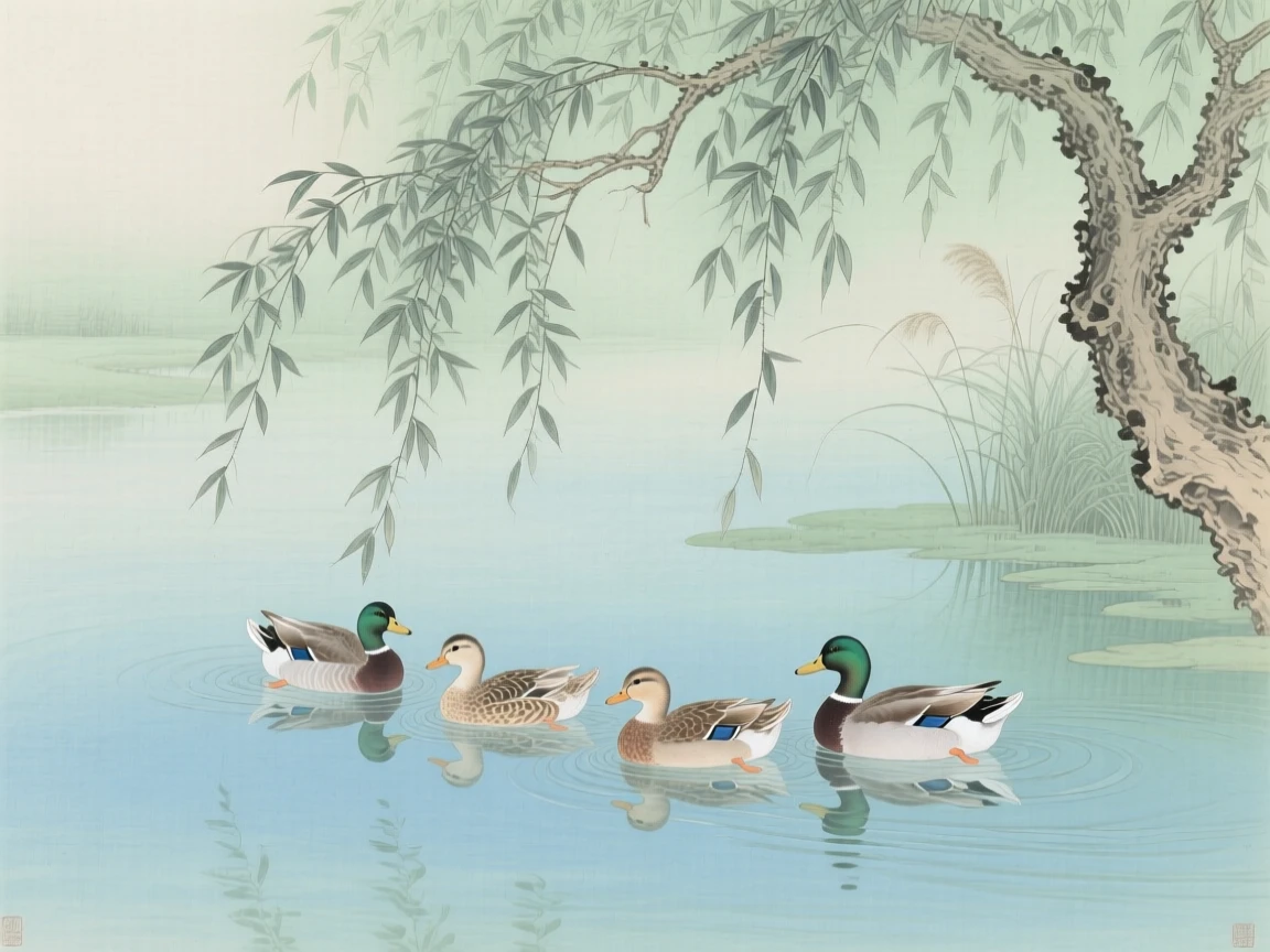 A family of ducks gliding across a still pond under the shade of an overhanging willow tree