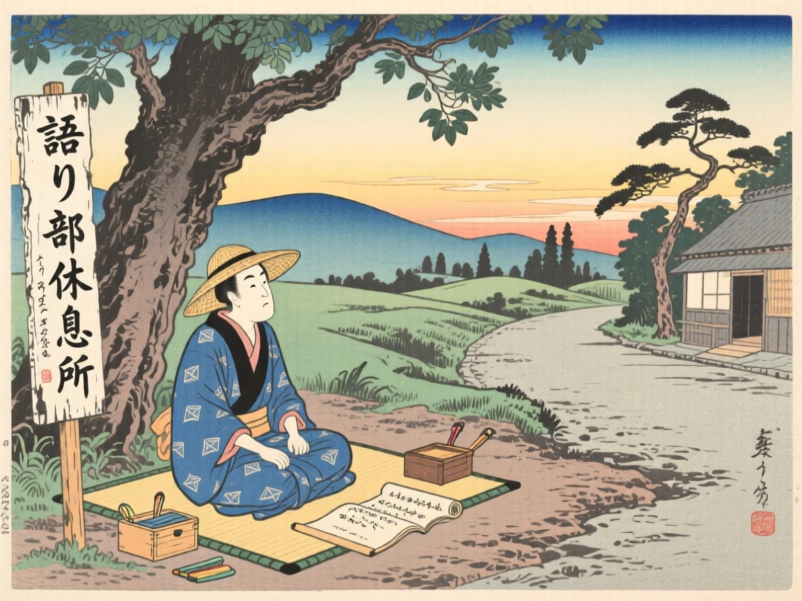 A street storyteller resting beneath a shade tree at day's end.