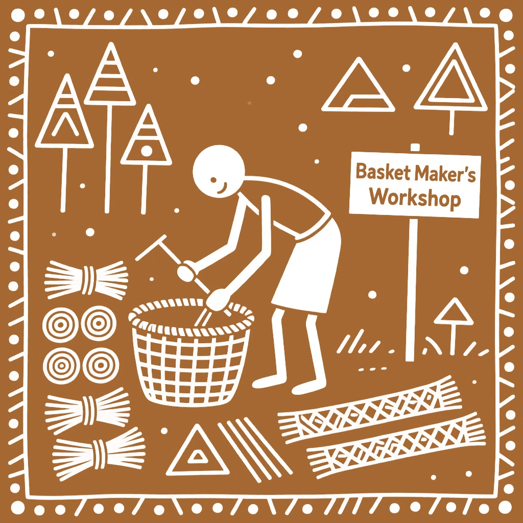 A basket maker preparing materials for the next day's work.