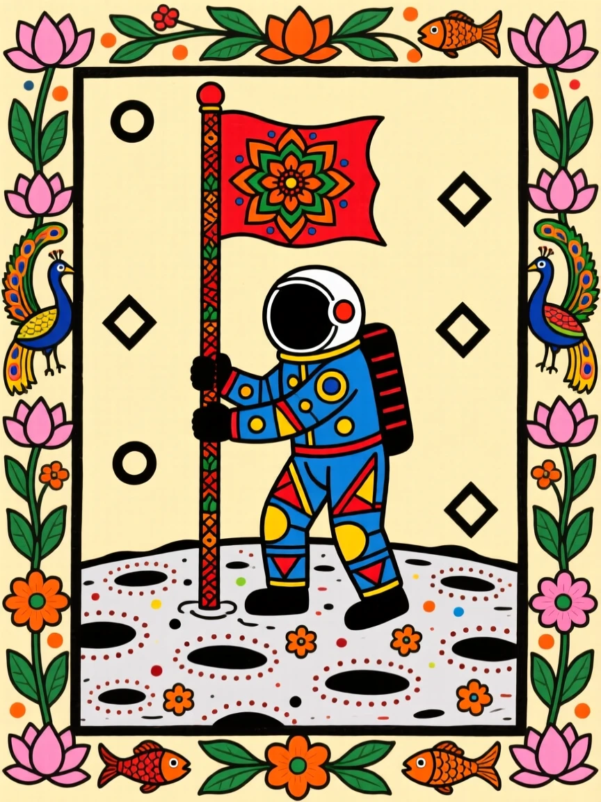 A lone astronaut planting a flag on a quiet lunar surface.