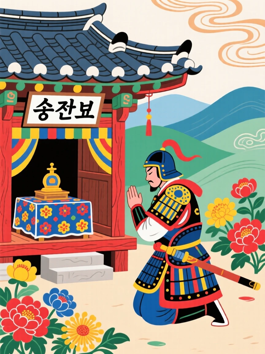 A warrior kneeling before a shrine to pray before setting off to battle.