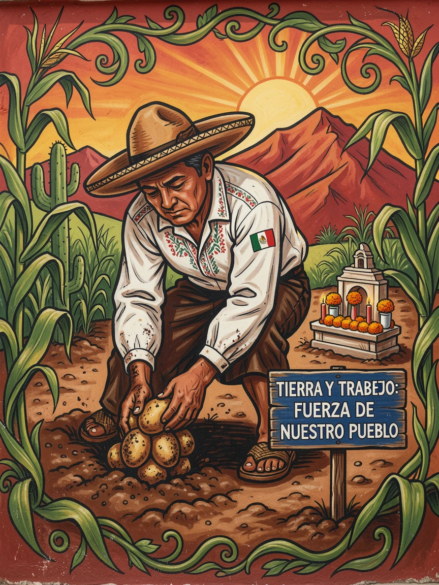 A farmer harvesting potatoes from freshly turned soil