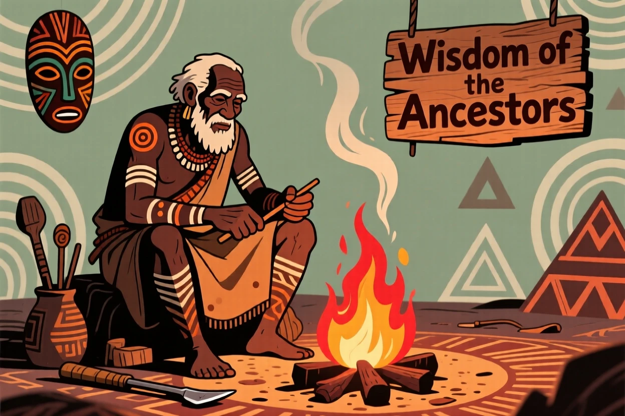 An elder craftsman gathered around a central fire.