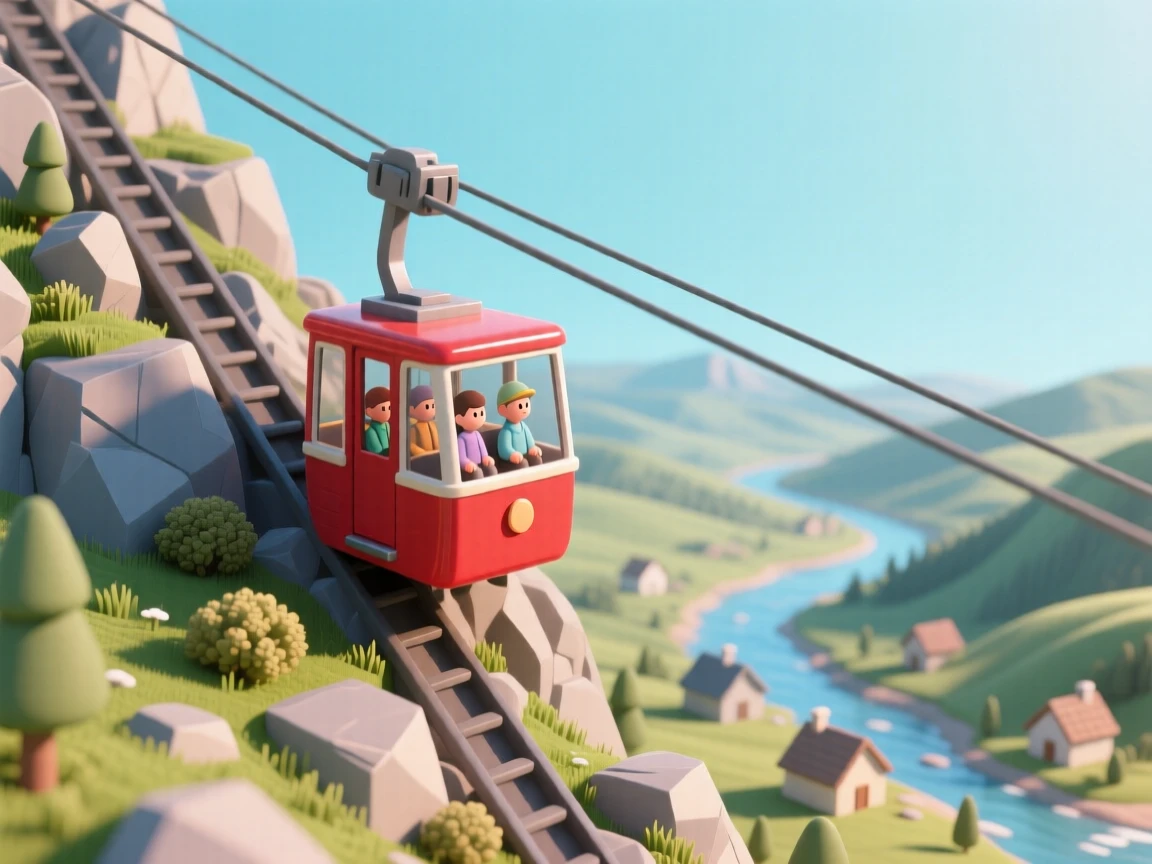 A cable-drawn funicular climbing a steep mountainside, passengers gazing out at a sweeping valley view below.