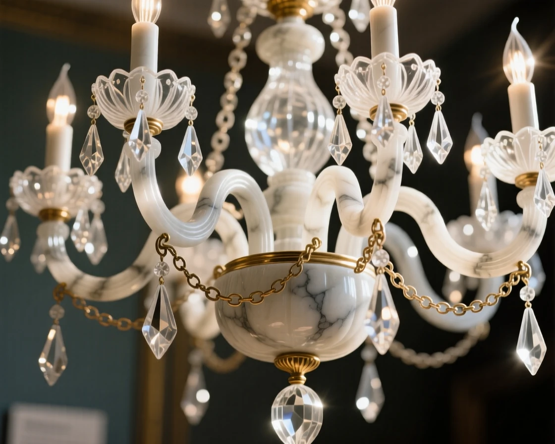 An elegant close-up study of a chandelier catching rays of morning light, composed with warm, dramatic lighting