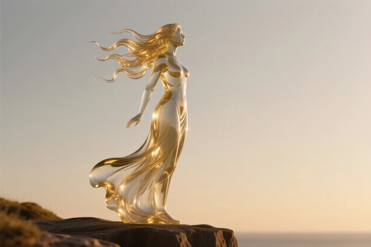 A woman with flowing hair caught in the wind on a cliffside captured in a candid, unposed moment, golden hour light wrapping around the figure, feeling authentic and moving.