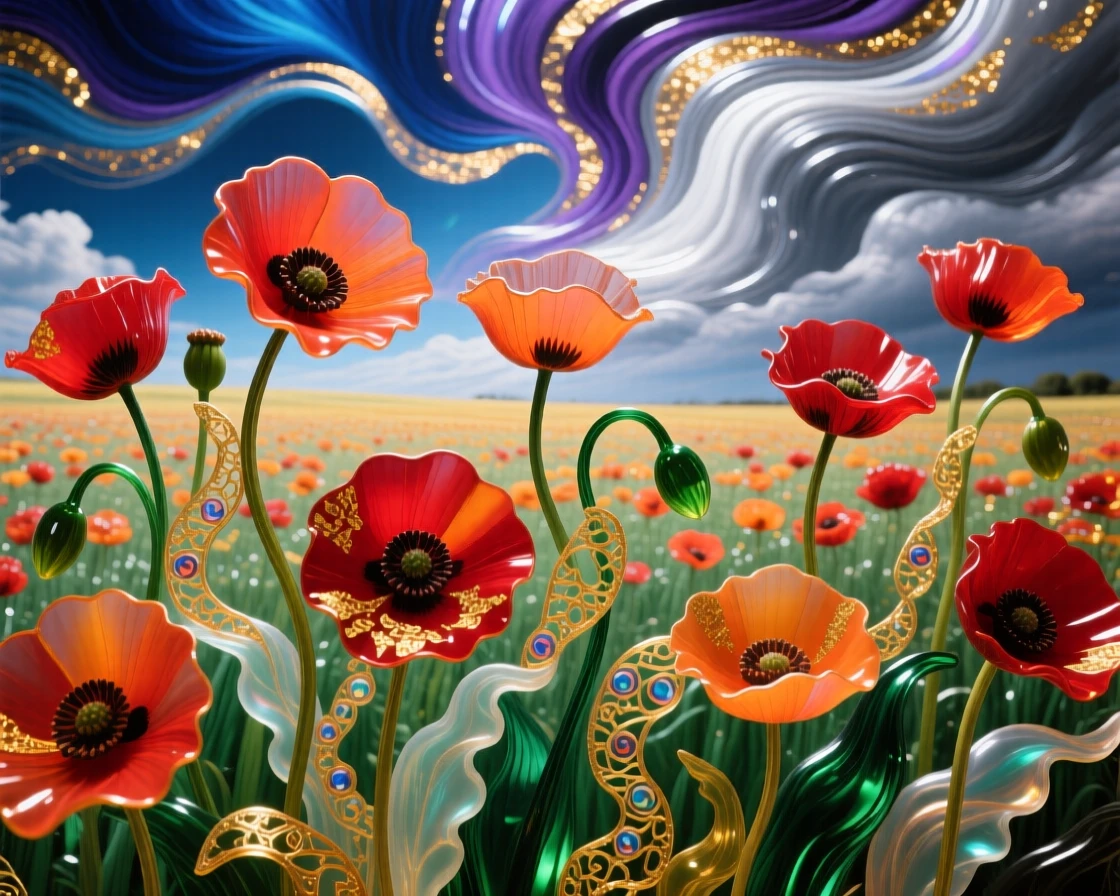 A field of blooming poppies swaying beneath a dramatic sky, vivid and dynamic.