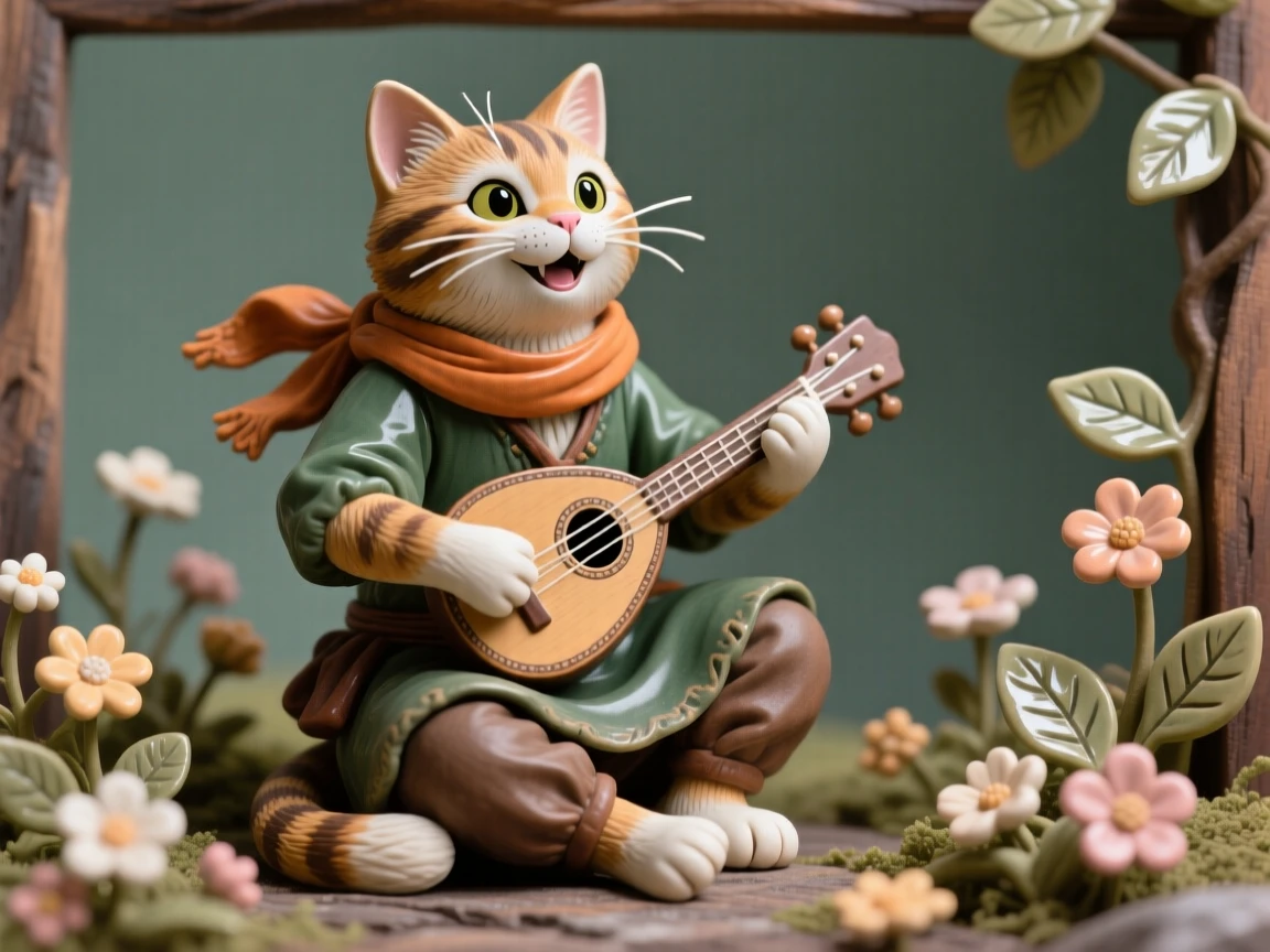 A cat dressed as a wandering musician posed mid-adventure with playful energy, framed by miniature flowers and leaves, stirring nostalgic delight and warm laughter.