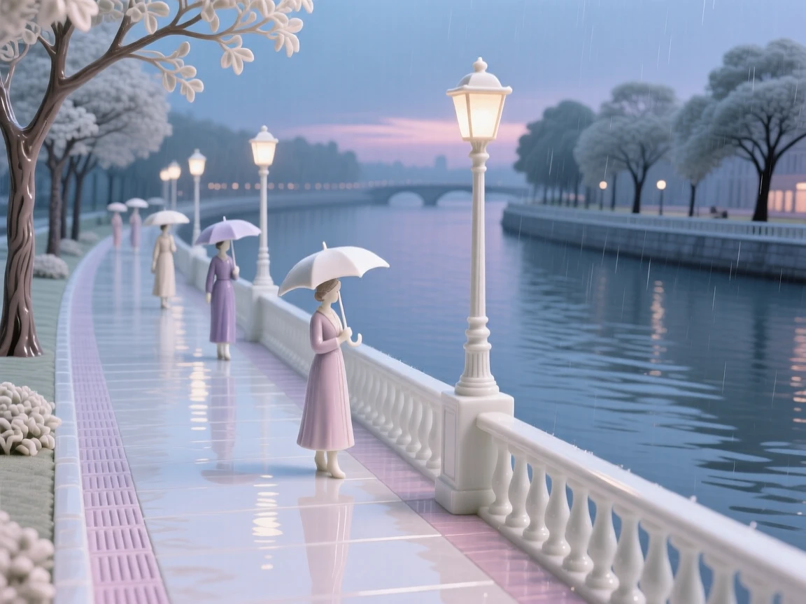A charming riverside promenade at twilight, a gentle rain giving the street a soft shine.