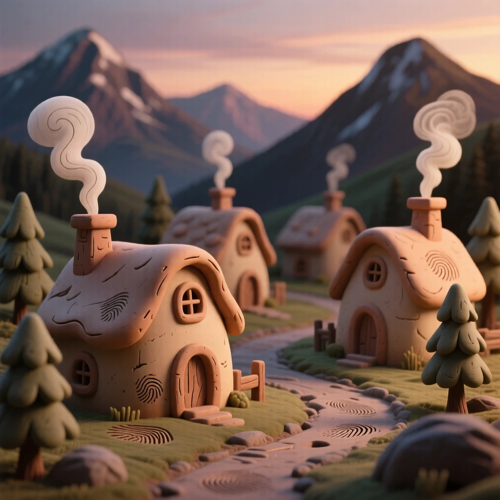 A mountain village with smoke rising from every chimney at dusk
