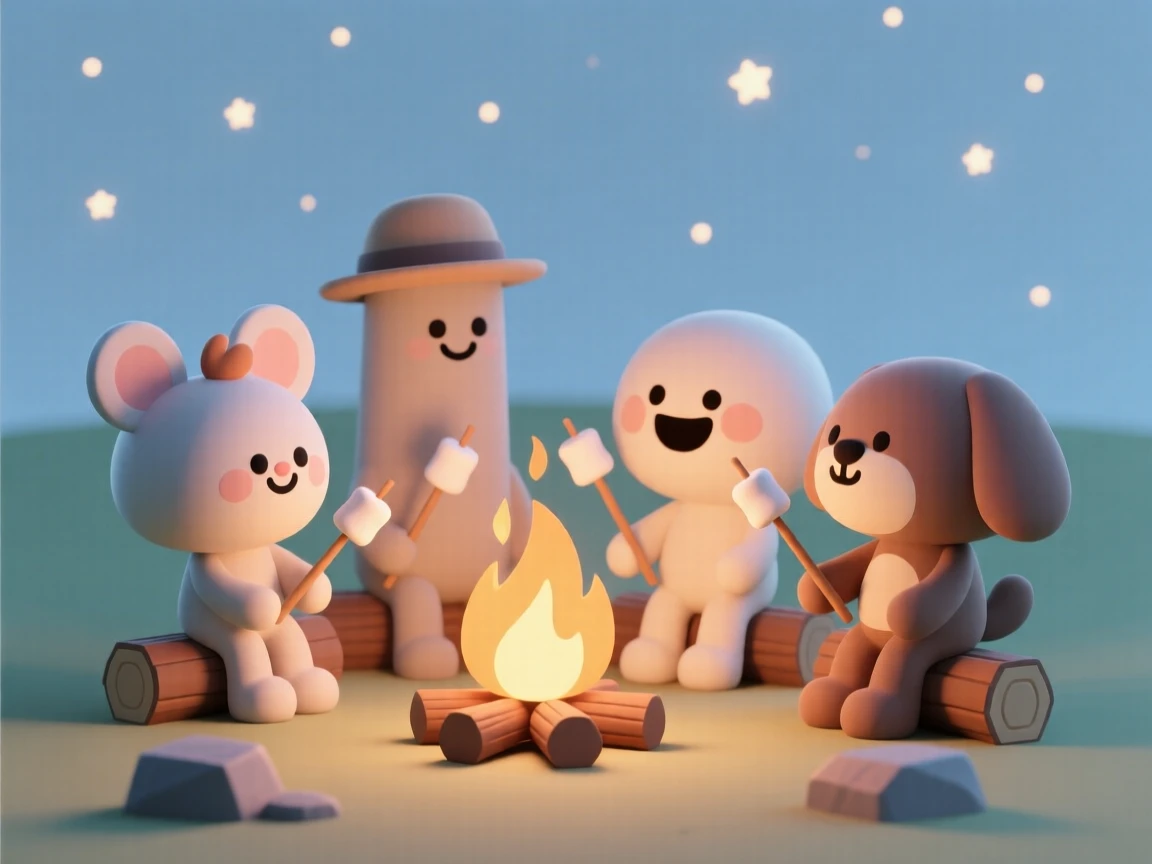 A group of friends roast marshmallows together around a crackling campfire beneath a sky full of stars.