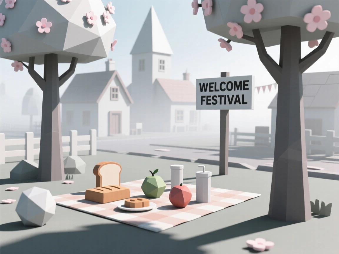 A summer picnic spread beneath blossoming trees, as morning mist clears over a festive village. soft light and gentle shadows add depth to the scene. It captures a moment of pure celebration.