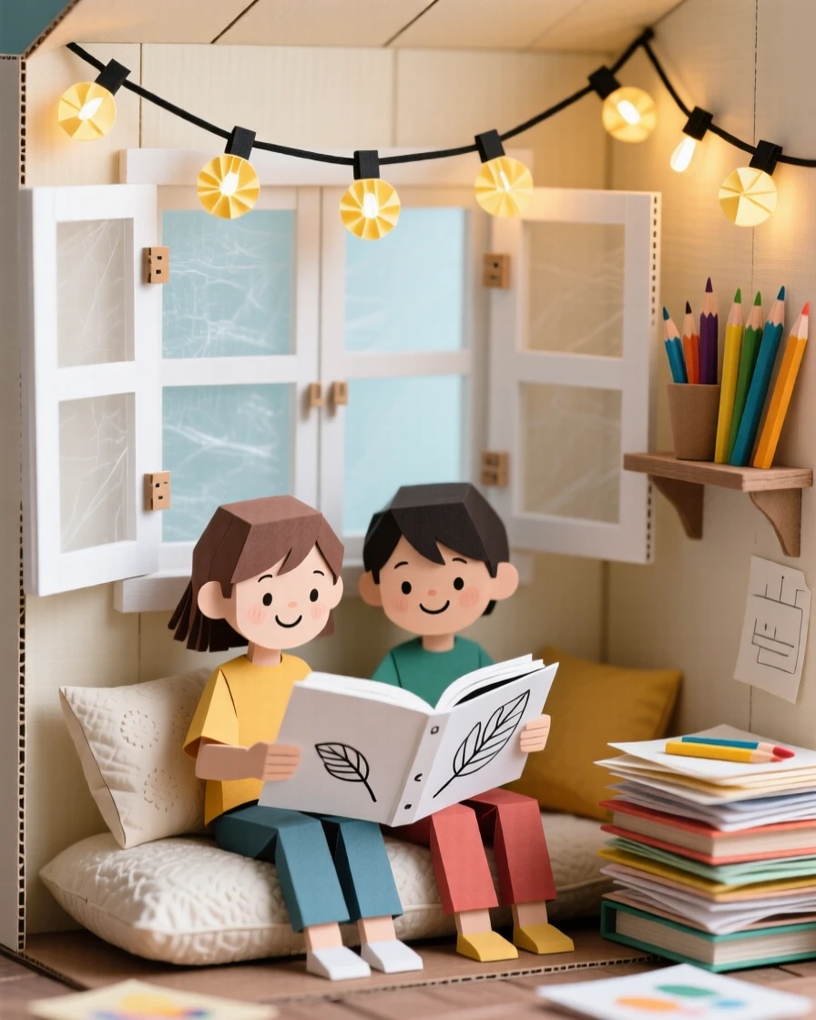 A young artist reading together in a cozy window nook, with string lights twinkling overhead, capturing pure joy and togetherness.
