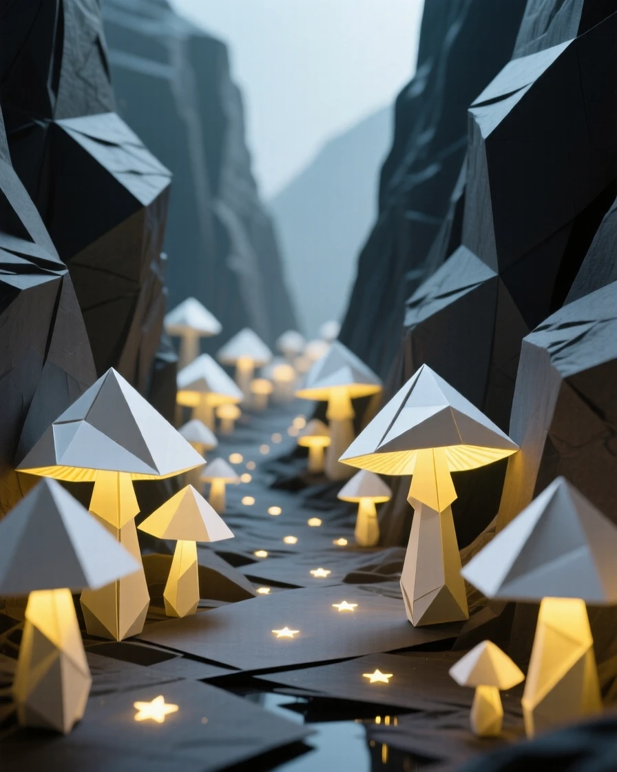 A canyon filled with luminous mushrooms lighting the path like scattered stars.