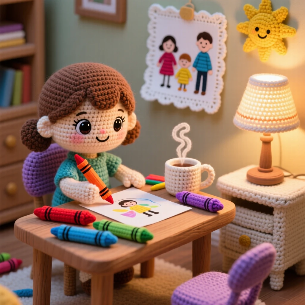 a little girl drawing a family portrait, with crayons scattered on the table, adding a sun in the corner of the page, in a small home office corner with a cozy lamp, with a steaming mug resting on a small table nearby, radiating tender, unspoken affection.