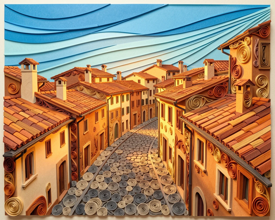 A breathtaking view of the rooftops of a Tuscan hill town at golden hour beside a quiet cobblestone street, in crisp, clear tones under a bright blue sky, composed with strong leading lines drawing the eye inward.