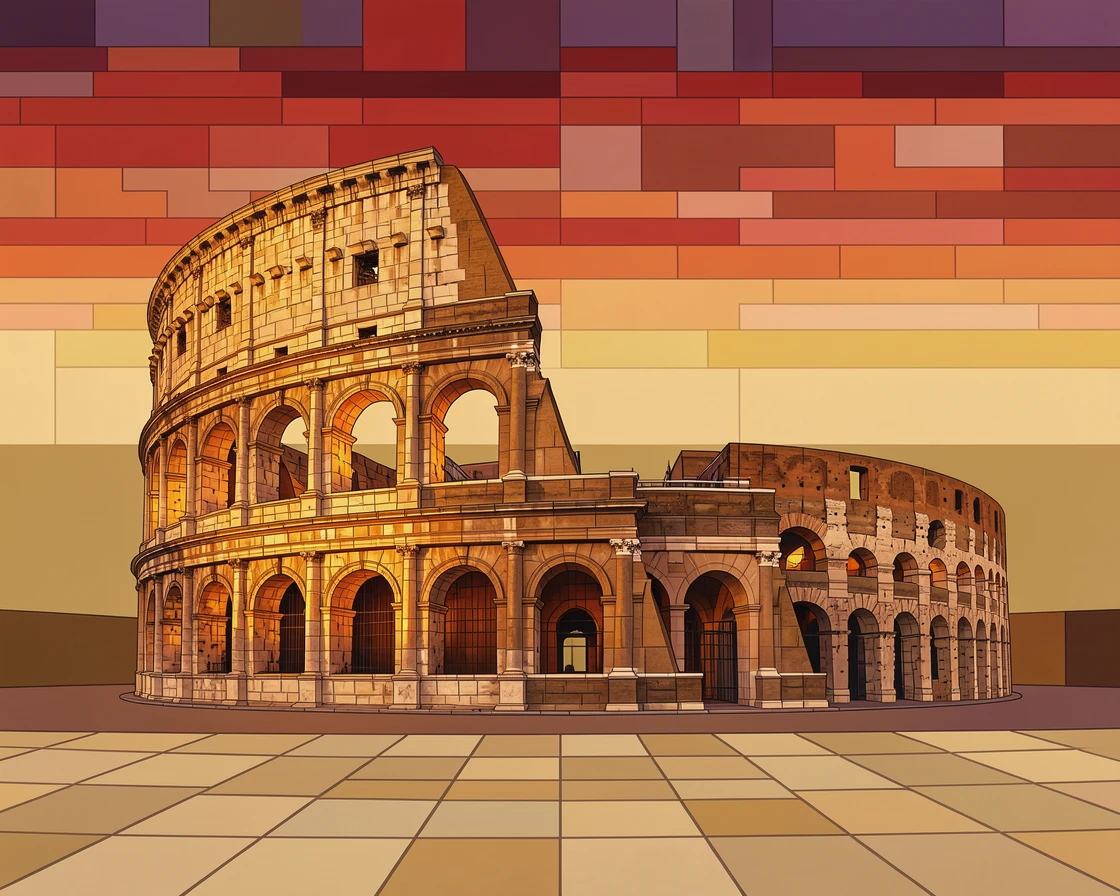 A breathtaking wide-angle view of the ancient Colosseum bathed in warm evening light, with rich warm lighting and fine architectural detail.