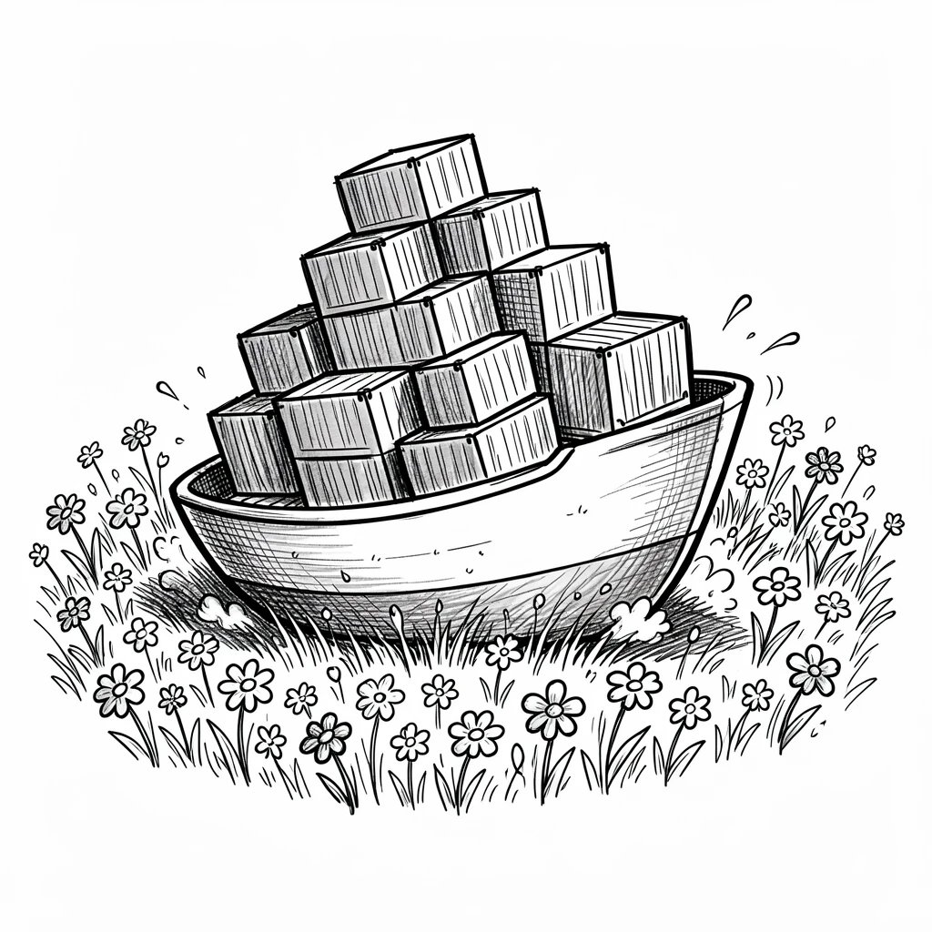 A cargo ship stacked with colorful containers rolling through a field of wildflowers.