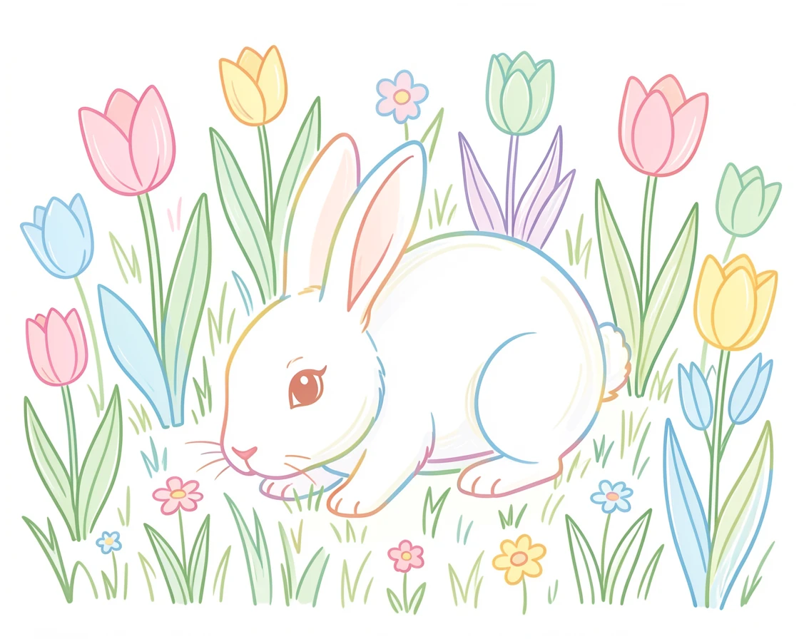 A spring meadow filled with blooming tulips and a grazing rabbit.