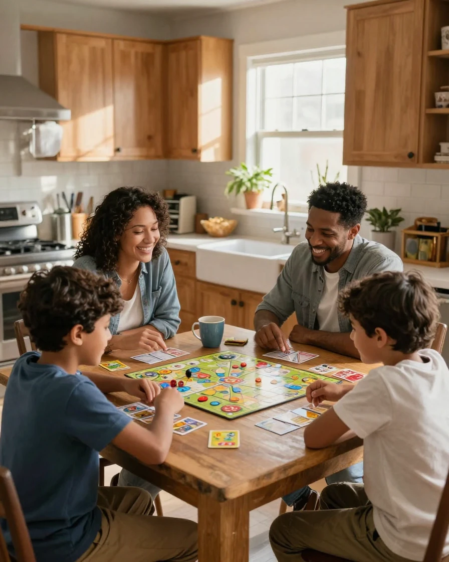 A family playing board games around a kitchen table