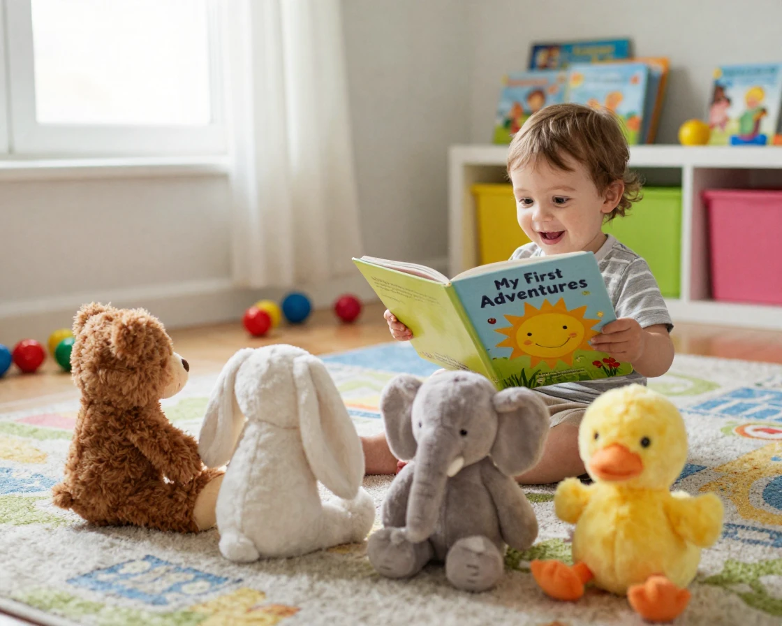A toddler 'reads' a book aloud to a row of stuffed animals, holding it upside down.