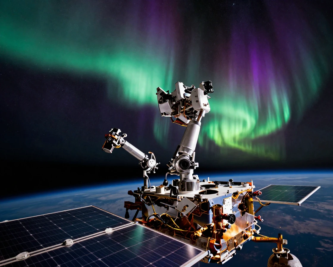 A robotic rover repairing solar panels during a spacewalk beneath a sky ablaze with the northern lights