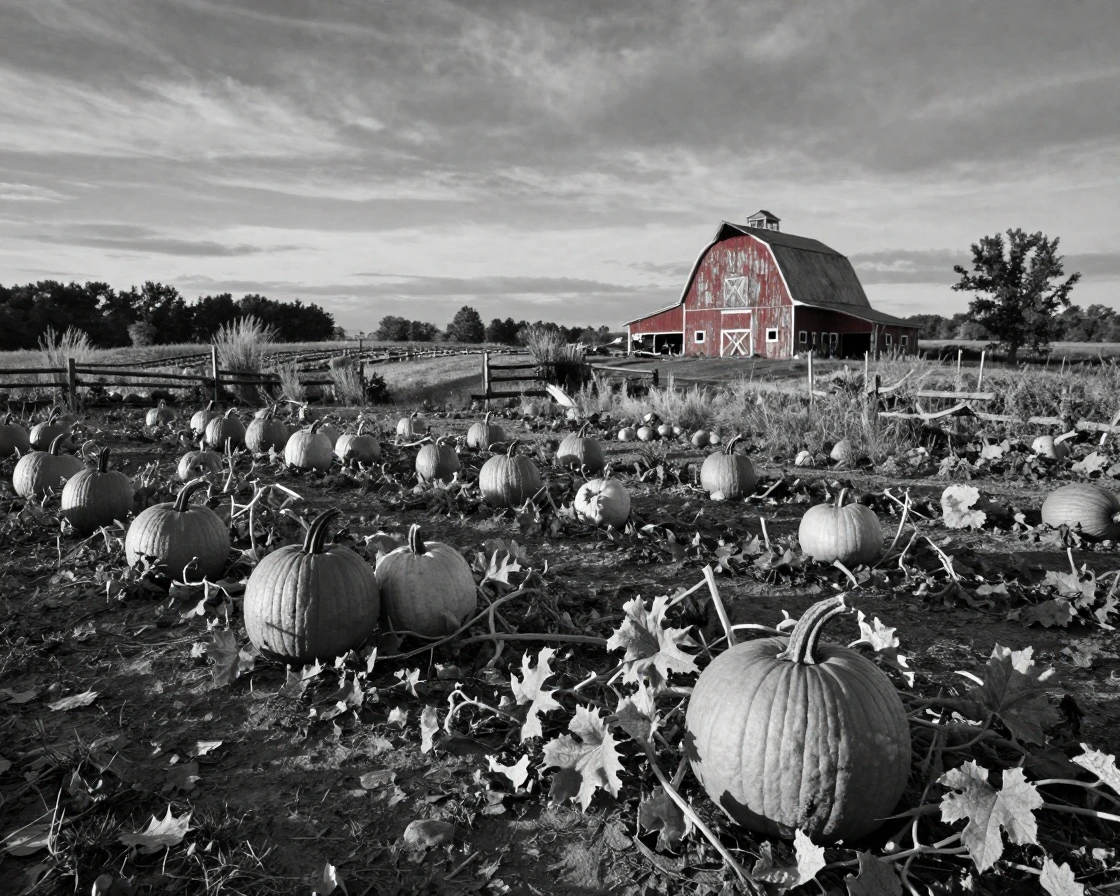 A pumpkin patch stretches across rolling autumn fields at a countryside farm.