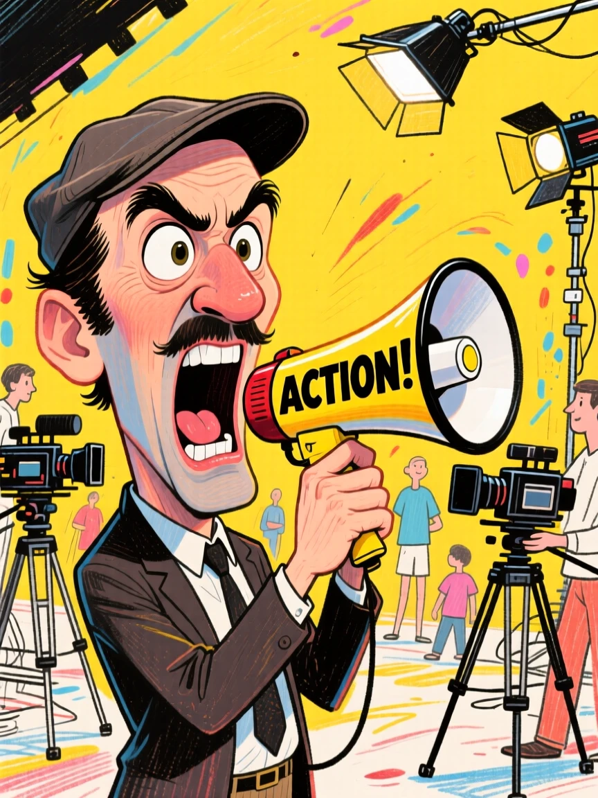 A film director shouting "action" through a megaphone on a busy movie set.