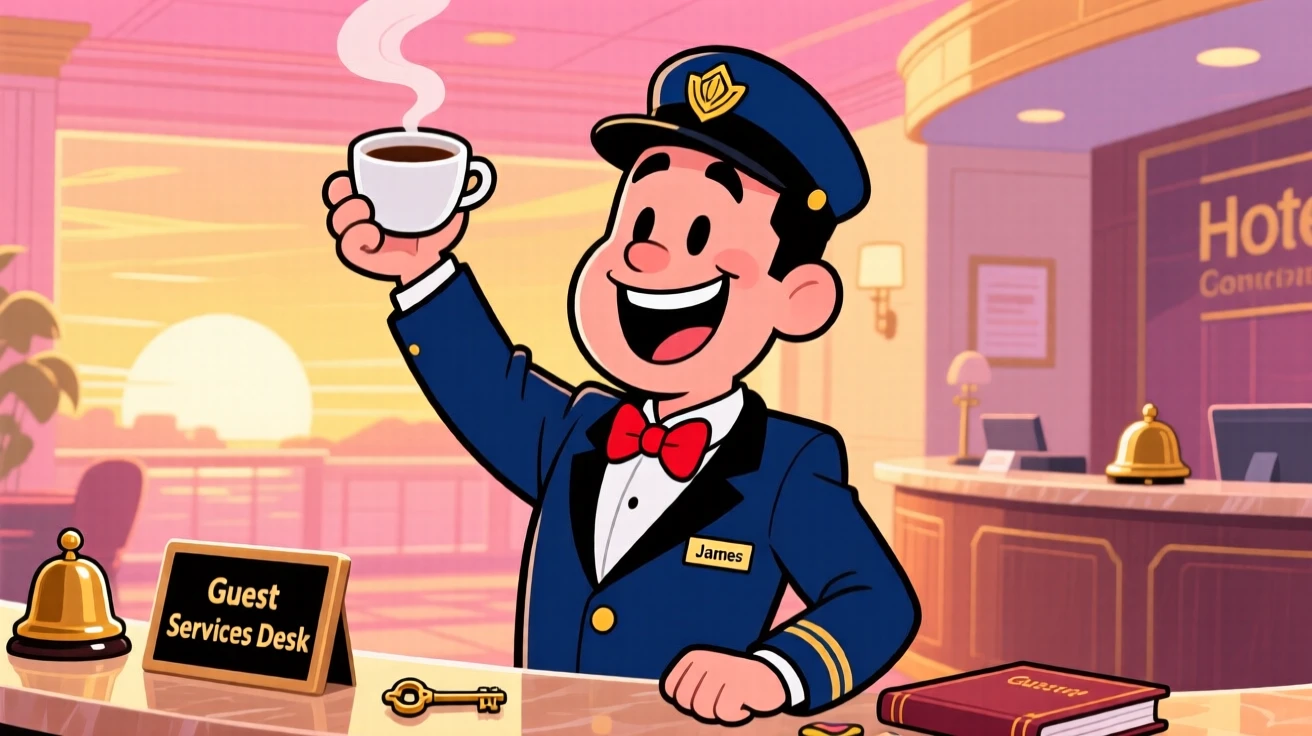 A vibrant profession-themed portrait of a friendly hotel concierge celebrating after finishing a difficult job, at the crack of dawn with coffee in hand.