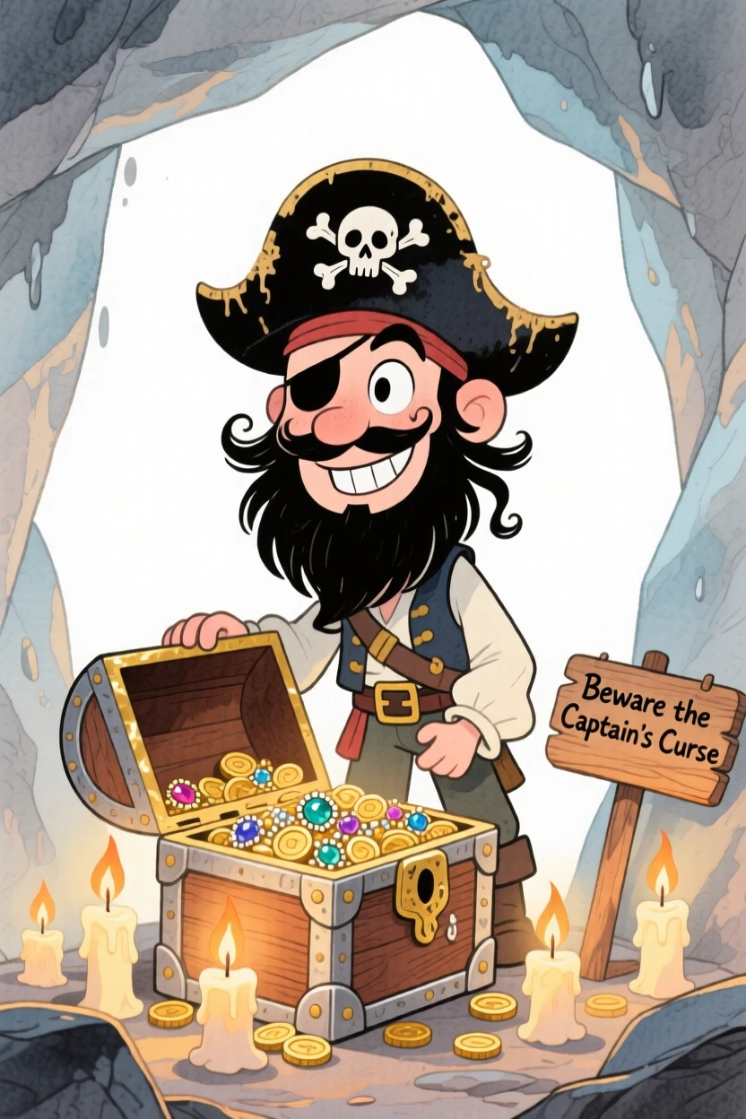 A pirate captain guarding a treasure chest in a candlelit cave