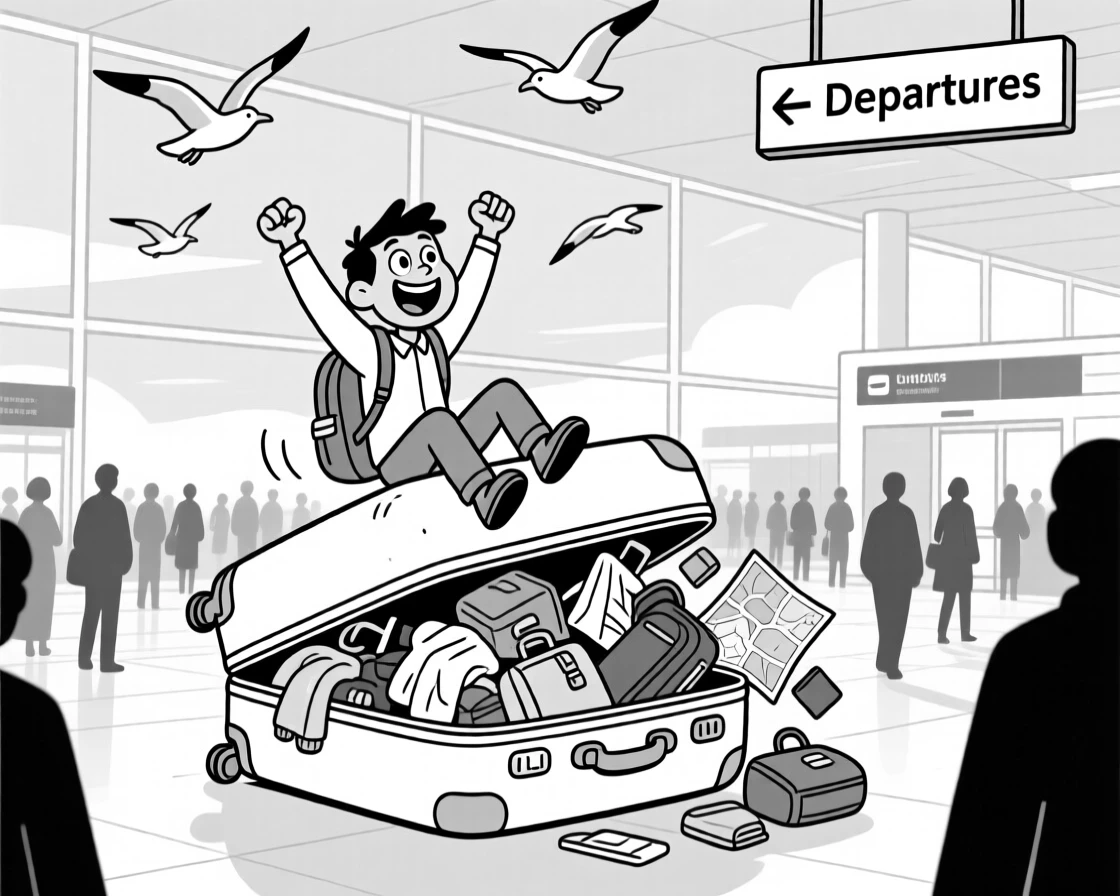 A traveler unfolding an impossibly oversized suitcase, sitting triumphantly atop the overstuffed bag, set in a crowded, echoing airport terminal. Seagulls circle hopefully overhead. The scene captures the giddy chaos of exploring somewhere new.