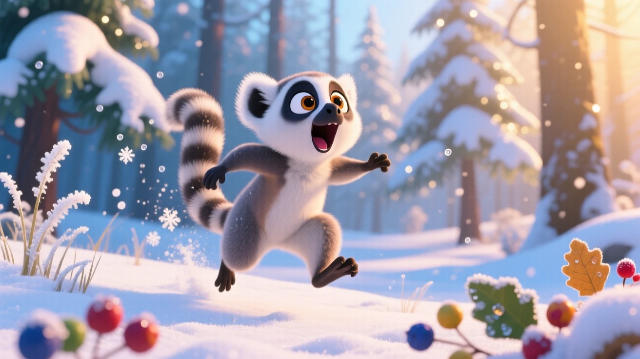 A wide-eyed lemur is hopping through freshly fallen snow, yawning with a tiny open mouth. Playful joy radiates from the small creature, with dew drops glistening nearby.