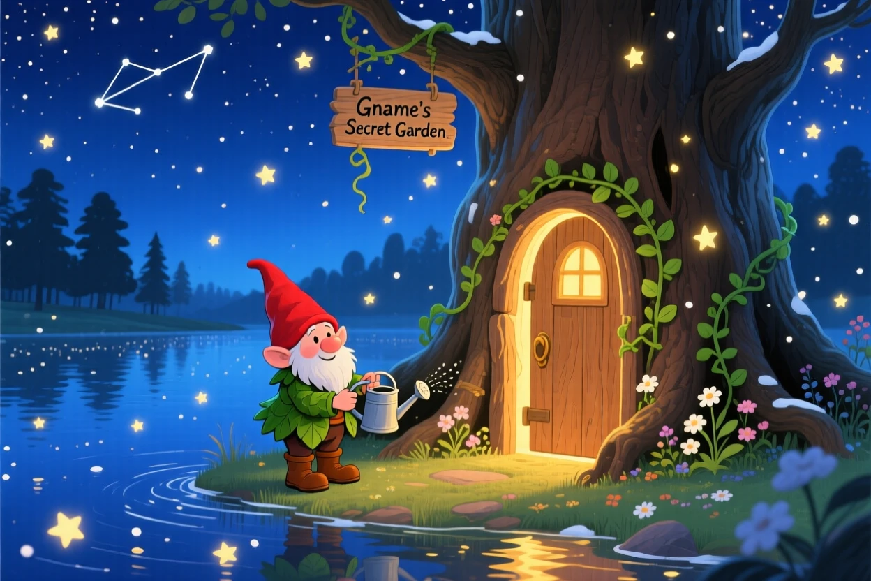 A tiny gnome gardener is opening a door hidden inside a tree trunk in a starlit lake, as tiny stars fall like snow.