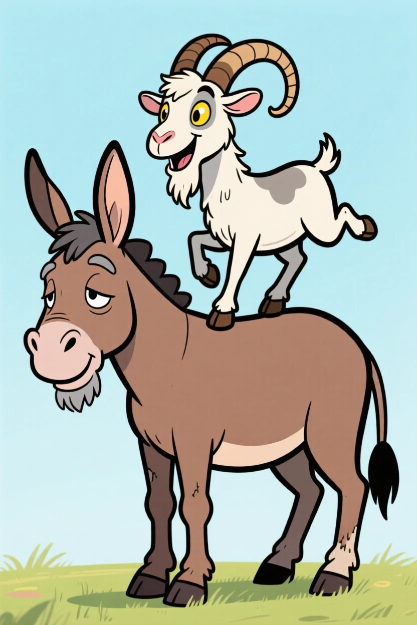 A goat balancing on the back of a patient old donkey.