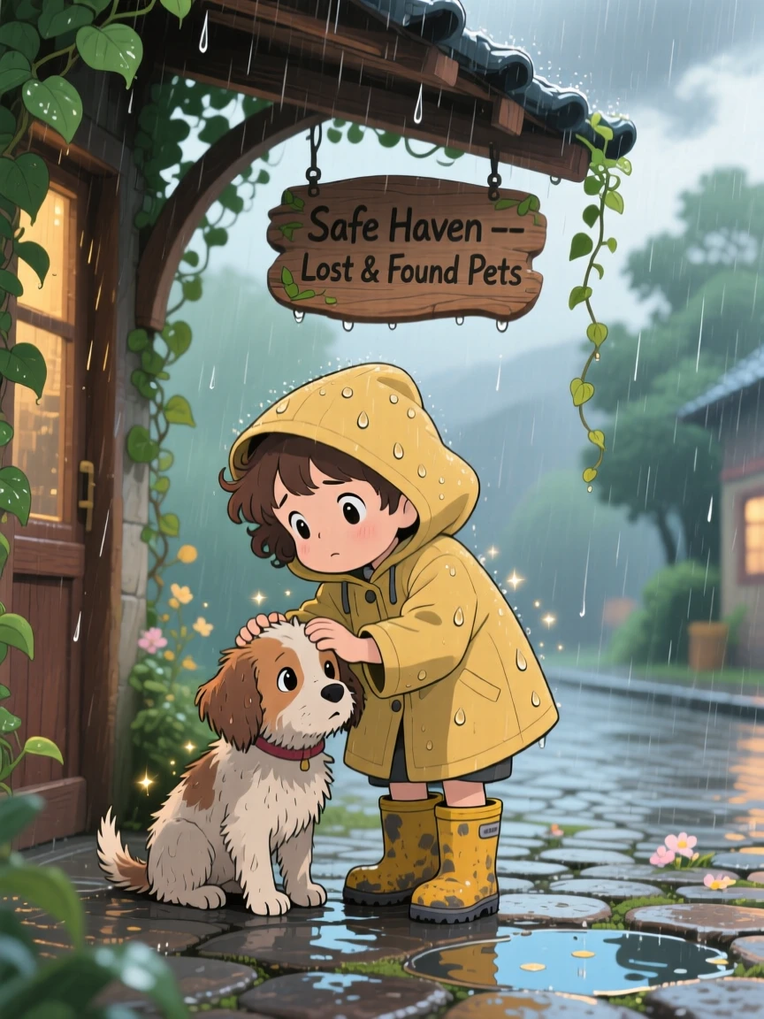 A tender moment of a child comforting a lost puppy under a rainy awning, the scene gently triumphant.