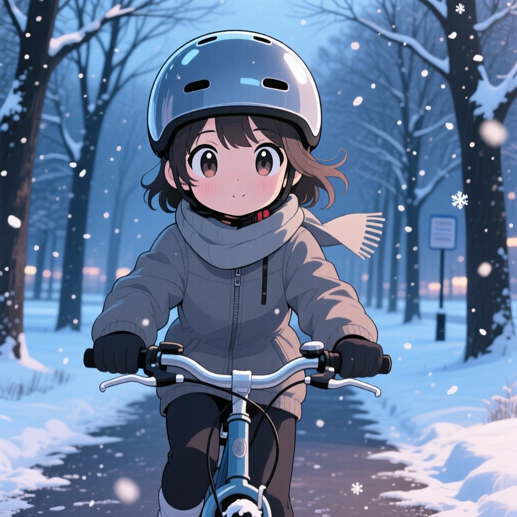Waist-up portrait: a young girl in a helmet, pedaling a bike through a park trail, set against a tree-lined bike path during a cozy winter snowfall, with cool blue twilight glow and a mood of brave confidence.