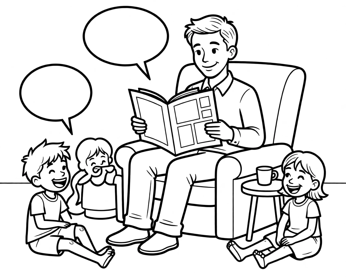 A father reading a comic book aloud with his children laughing