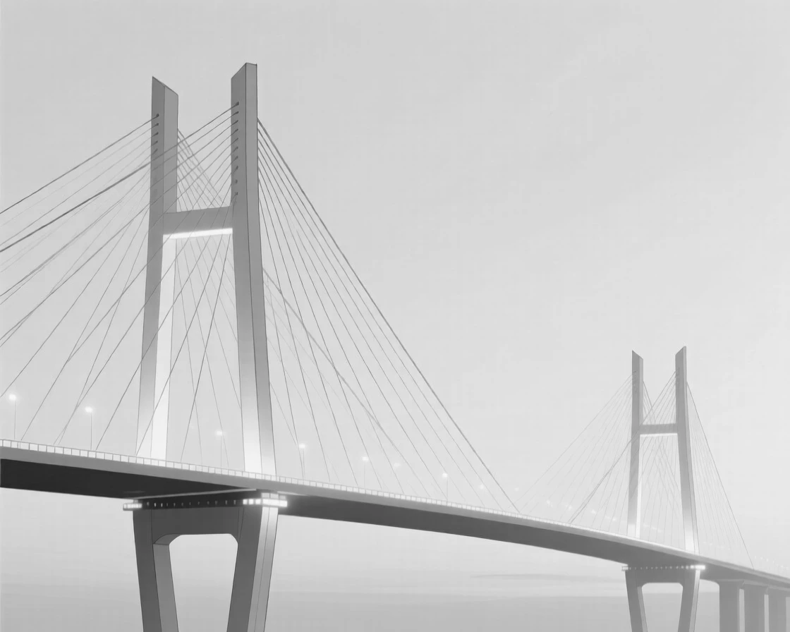 A modern suspension bridge glowing at dusk